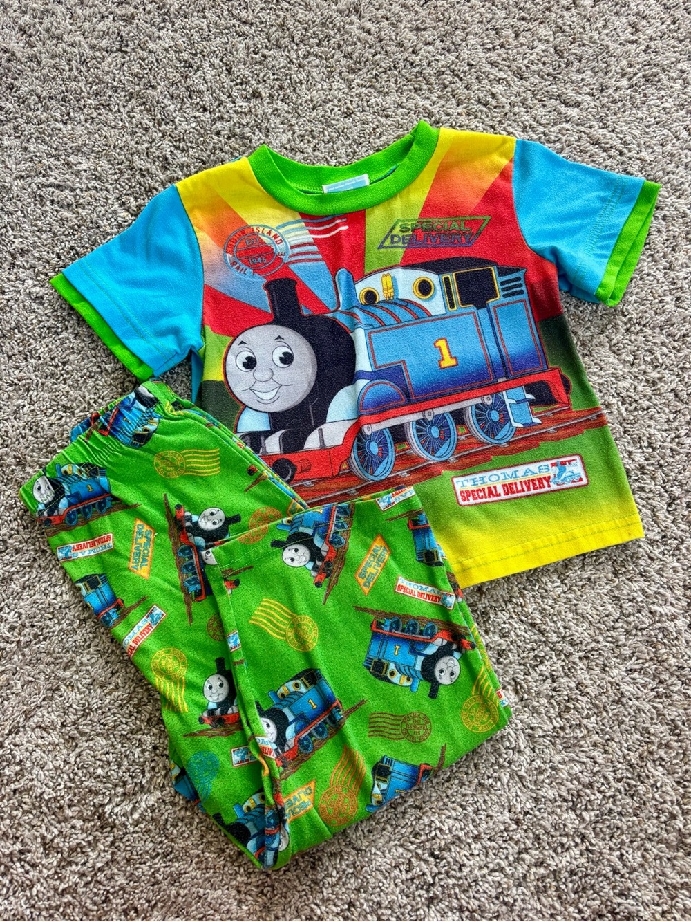 Y2K 2010 Thomas & Friends Boys Pajama Set - Bright Green & Blue